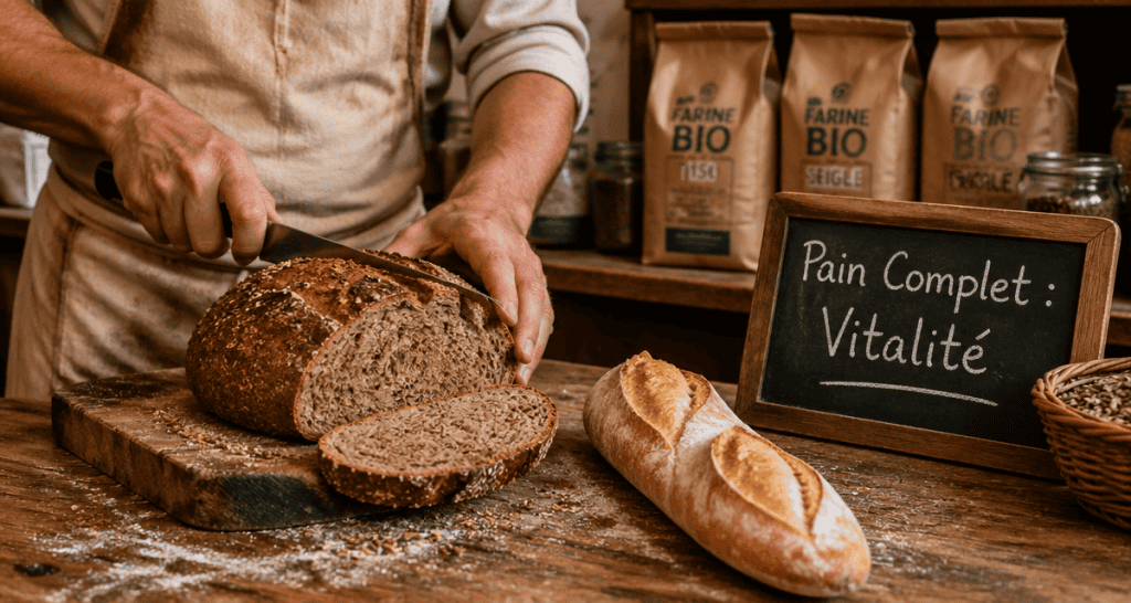 Pain complet bienfait tranché à côté d'une baguette
