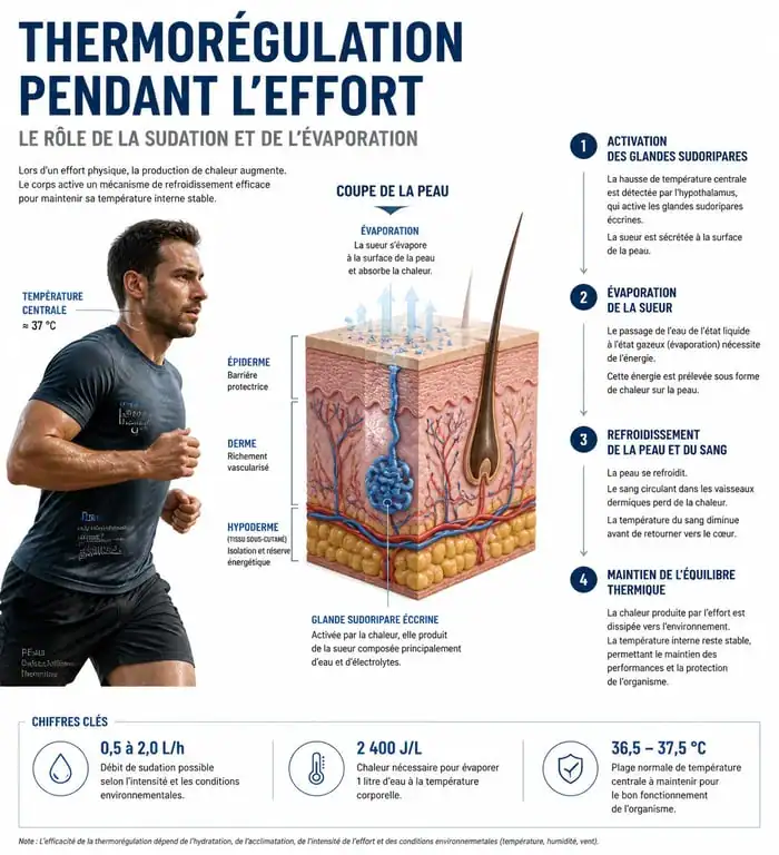 Schéma du mécanisme de thermorégulation et des bienfaits de la transpiration pendant le sport