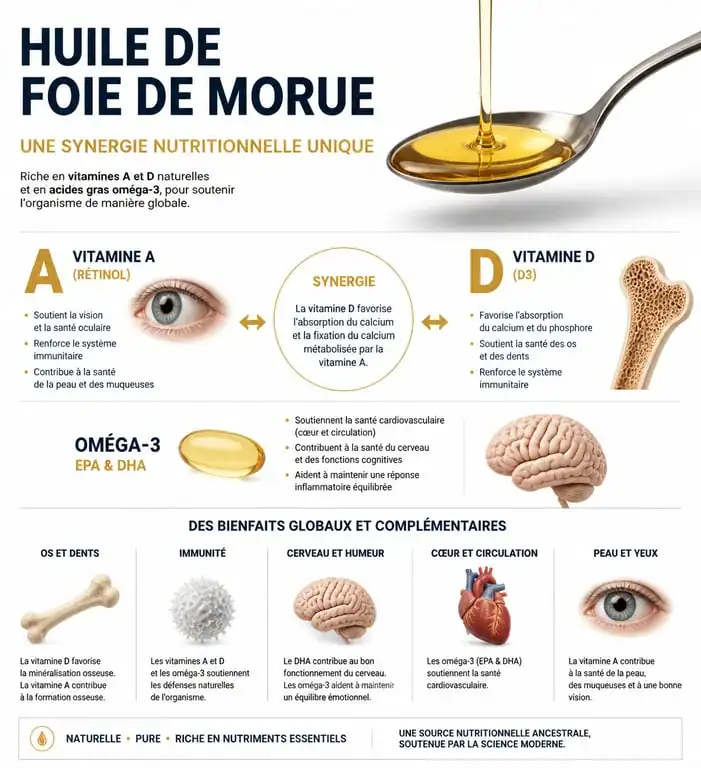 Infographie sur les bienfaits nutritionnels et les apports en vitamines de l'huile de foie de morue