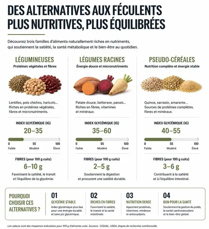 Infographie comparative des alternatives saines aux féculents pour une alimentation équilibrée