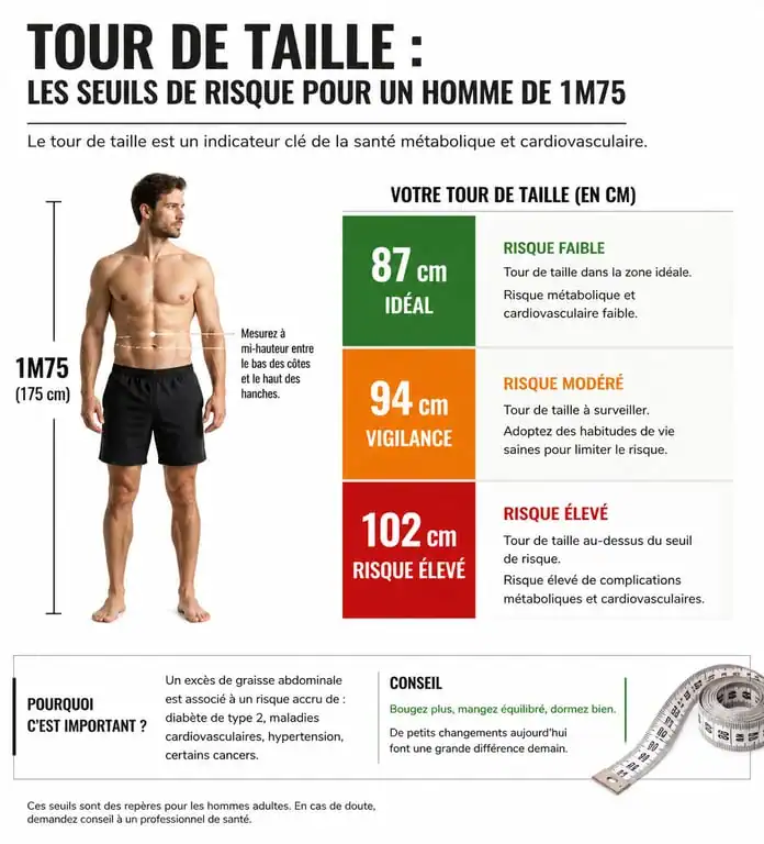 Infographie des seuils de tour de taille pour un homme de 1m75 et risques santé
