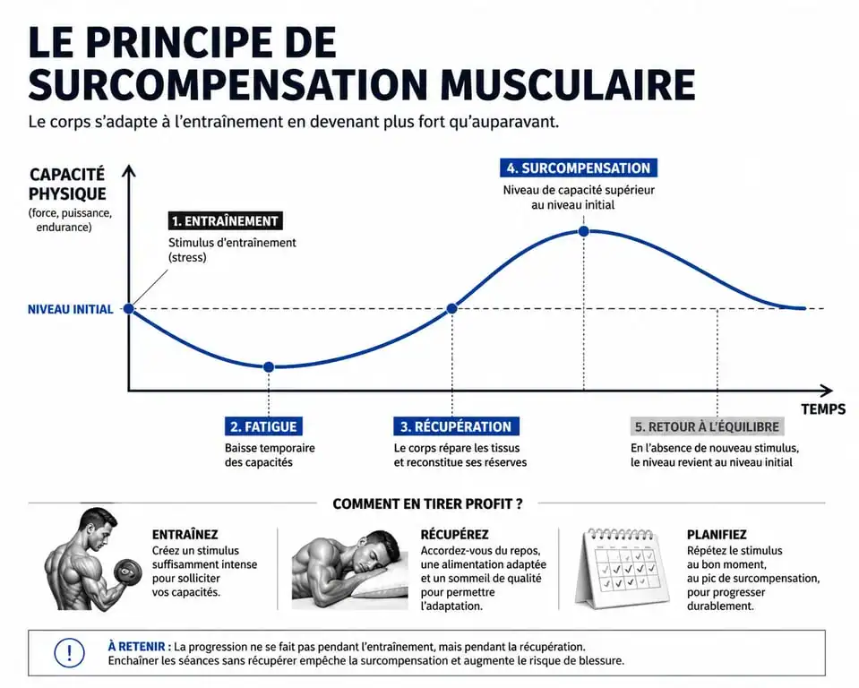 Graphique illustrant le principe de surcompensation en musculation pour optimiser la récupération et la progression.