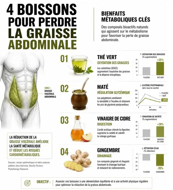 Infographie sur les bienfaits des boissons pour perdre du ventre et réduire la graisse abdominale