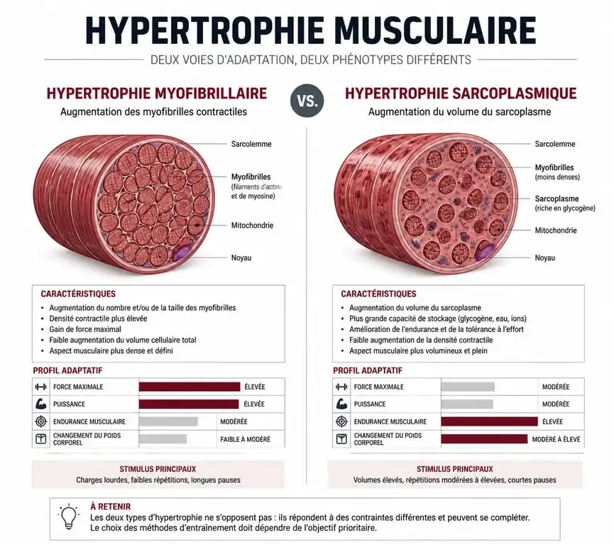 Comparaison entre hypertrophie myofibrillaire et sarcoplasmique pour le développement de la masse musculaire