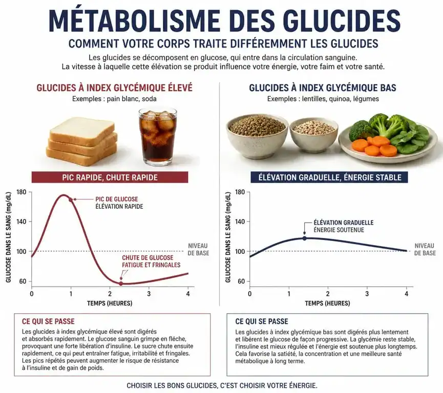Infographie comparant l'impact des glucides sur la glycémie : index glycémique élevé vs bas