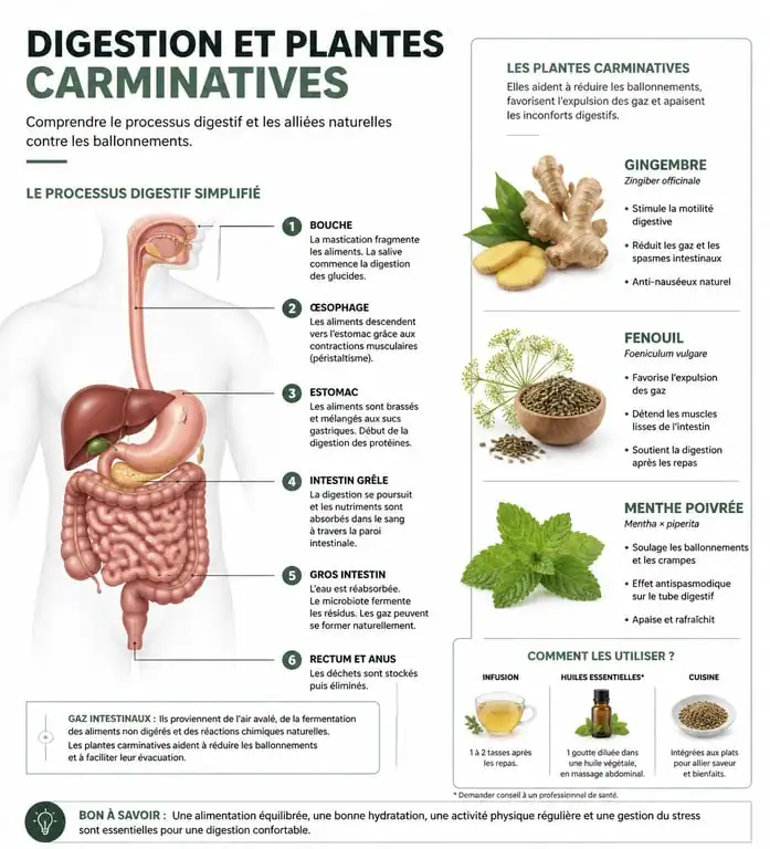 Infographie sur les aides naturelles pour la digestion et le processus digestif