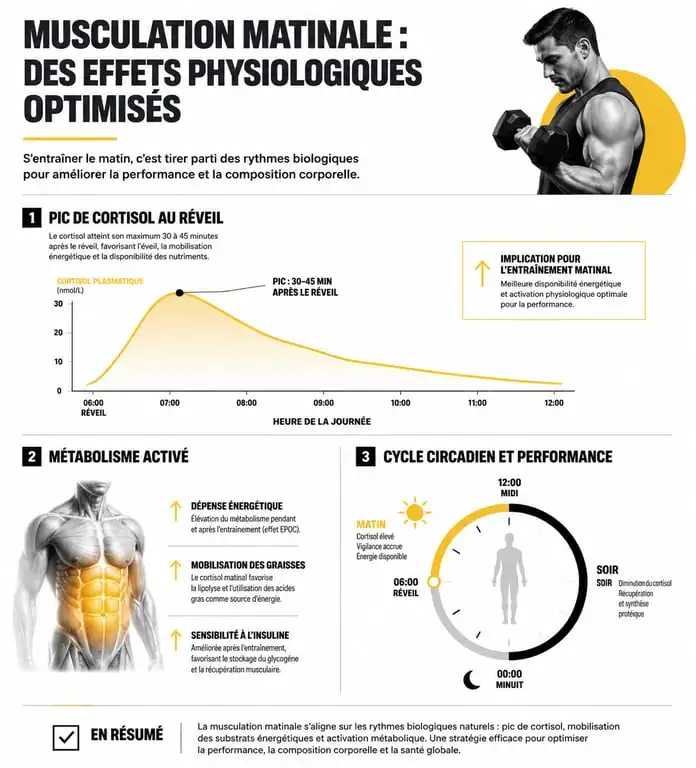 Infographie des effets physiologiques et métaboliques de la musculation le matin