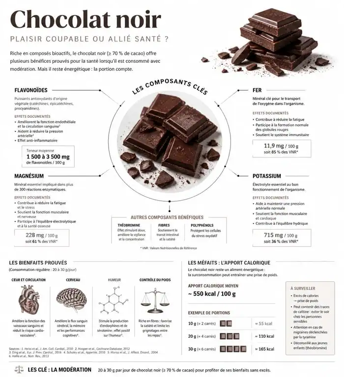 Infographie sur les bienfaits et méfaits du chocolat noir pour la santé