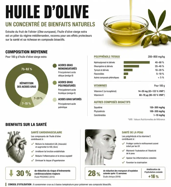 Infographie sur les bienfaits de l'huile d'olive pour la santé et la peau