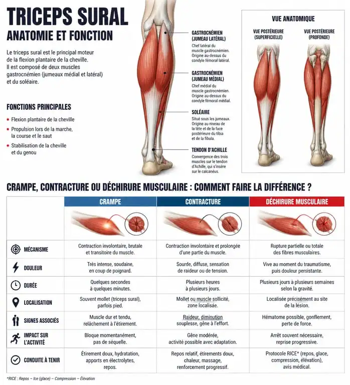 Schéma anatomique et comparatif des douleurs au mollet : crampe, contracture et déchirure