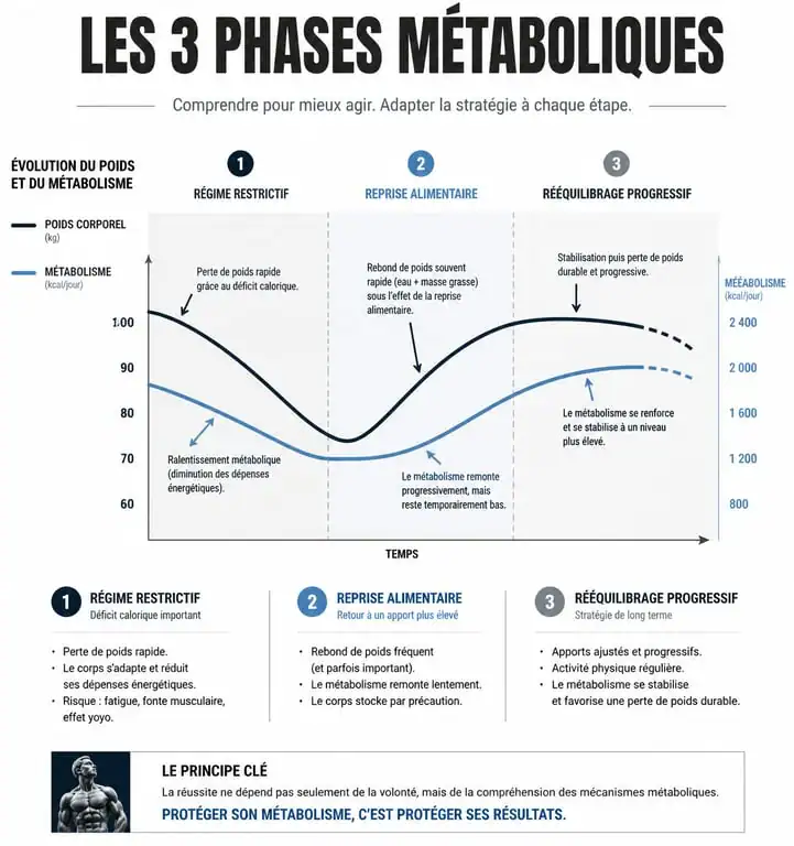 Infographie sur les phases métaboliques et l'effet yoyo avant et après un régime