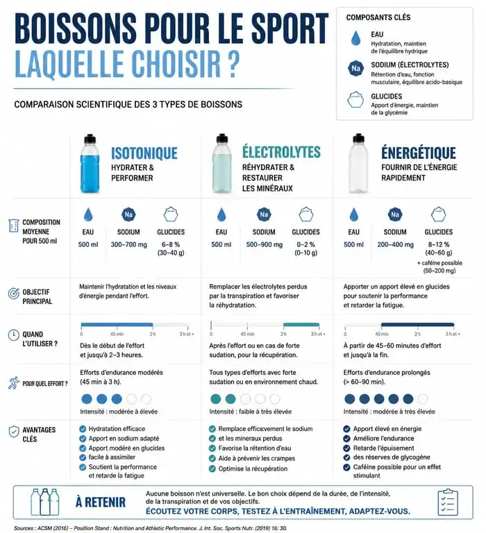 Infographie comparative des boissons pour le sport : isotonique, électrolytes et énergétique