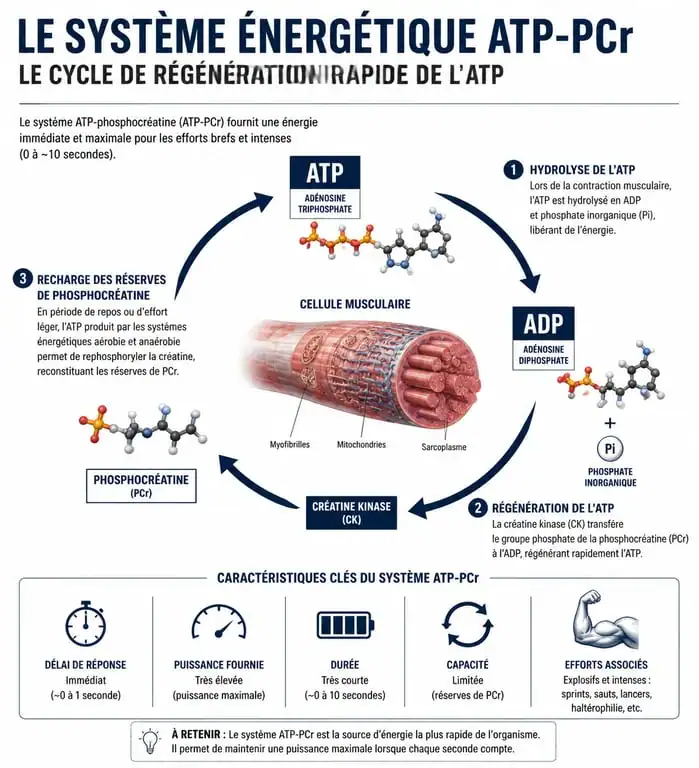 Schéma du mécanisme d'action de la créatine et régénération de l'ATP dans le muscle