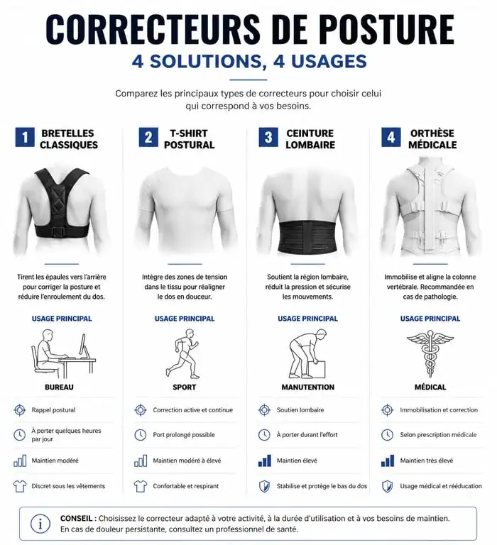 Infographie comparative des différents types de correcteurs de posture pour choisir le meilleur modèle selon ses besoins
