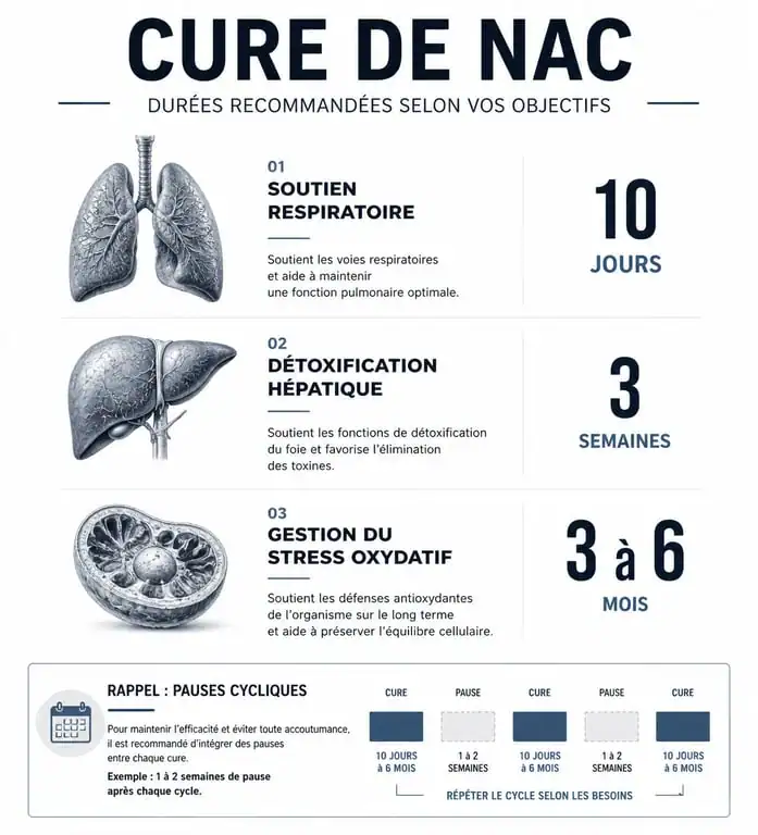 Infographie récapitulative des durées de cure de NAC selon les objectifs de santé