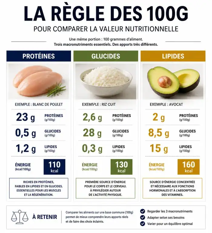 Infographie expliquant la règle des 100g dans le tableau des aliments pour comparer les valeurs nutritionnelles