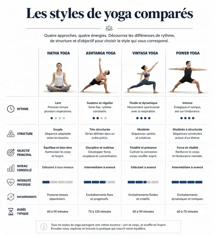 Tableau comparatif des styles de yoga : Hatha, Ashtanga, Vinyasa et Power Yoga