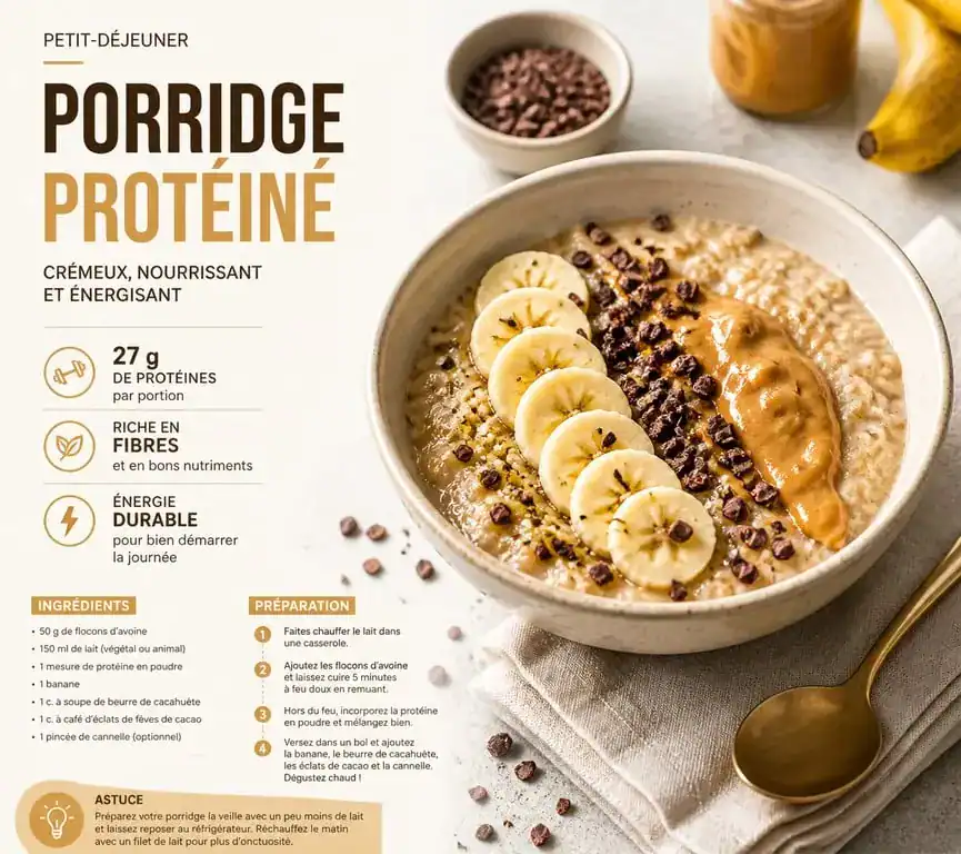 Bol de porridge protéiné gourmand avec banane et beurre de cacahuète pour un petit-déjeuner sportif