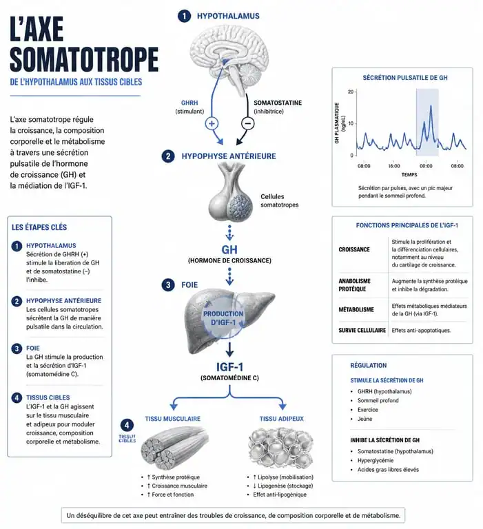 Schéma explicatif de l'axe somatotrope et du rôle de l'hormone de croissance pour musculation