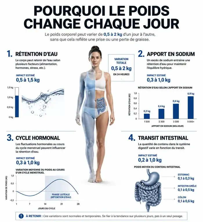 Infographie expliquant les causes de la variation du poids lors de la pesée quotidienne