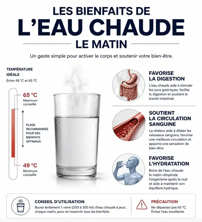 Infographie sur les bienfaits de boire de l'eau chaude le matin pour la santé et la digestion