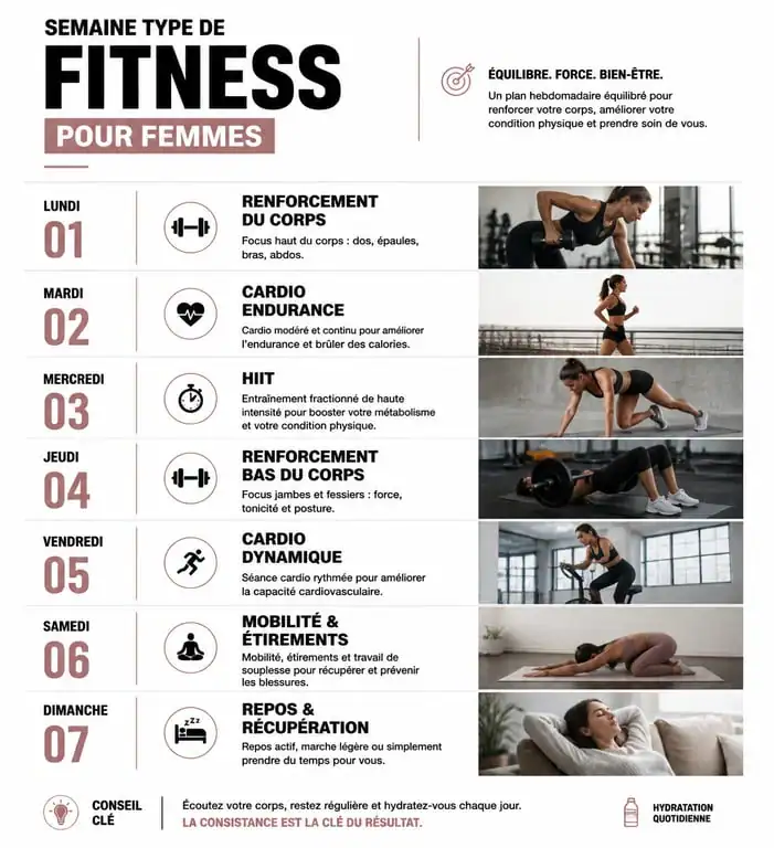 Programme hebdomadaire de fitness pour femmes : répartition des exercices pour une routine équilibrée