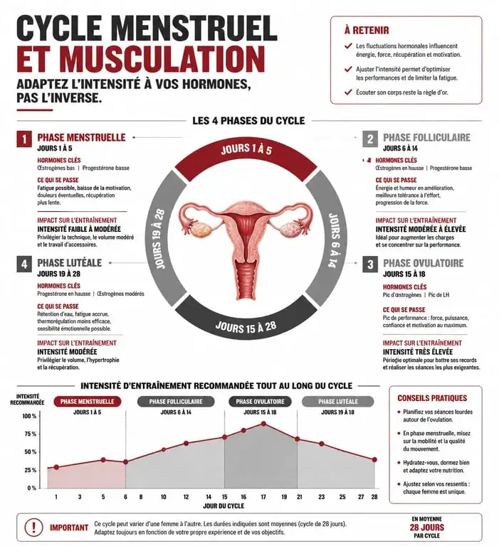 Infographie cycle menstruel et entraînement musculation femme