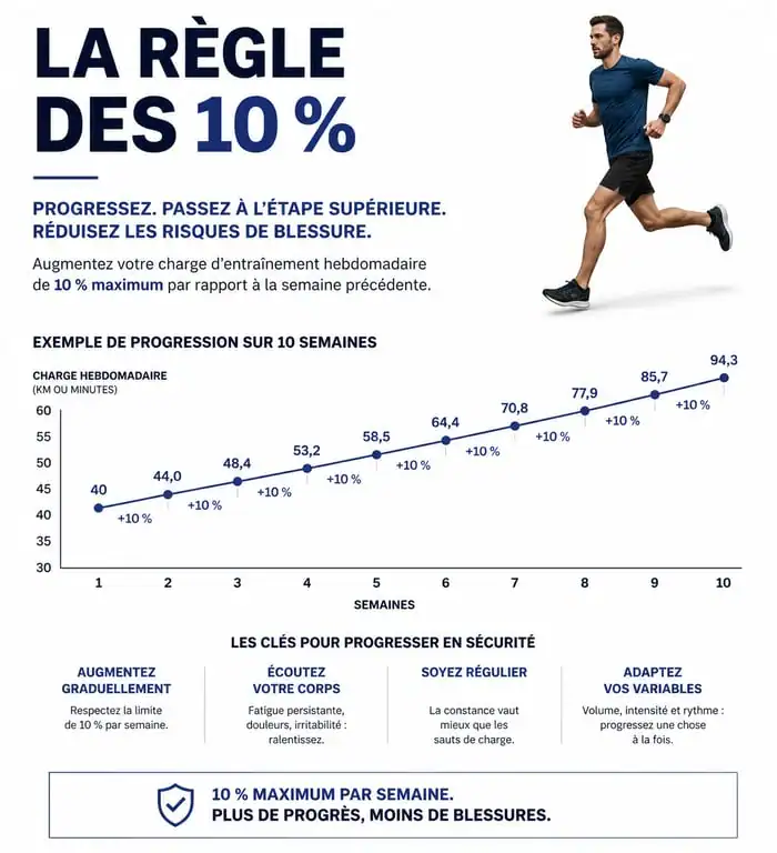 Infographie sur la règle des 10% pour l'entraînement à la course à pied
