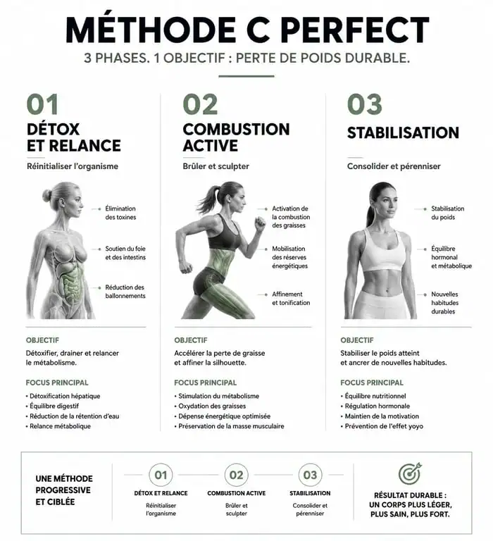 Infographie des trois phases de la méthode C Perfect pour une perte de poids durable et efficace