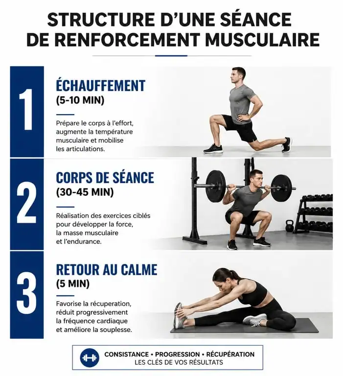 Infographie illustrant la structure d'une séance de renforcement musculaire efficace