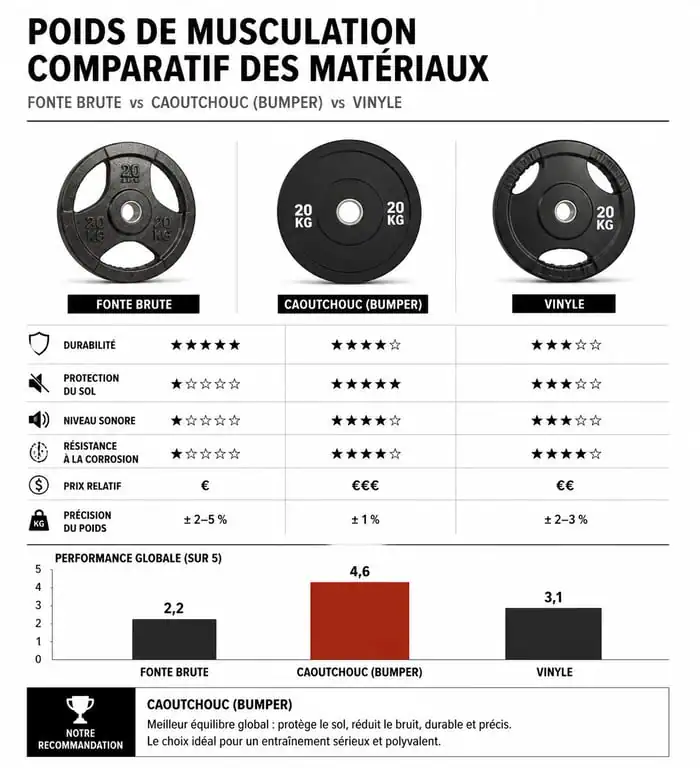 Comparatif des matériaux de poids de musculation : fonte, caoutchouc et vinyle pour choisir ses poids de muscu