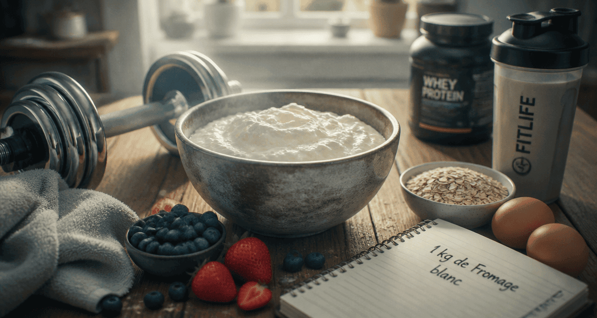 Manger 1kg de fromage blanc par jour avec accessoires fitness et aliments sains