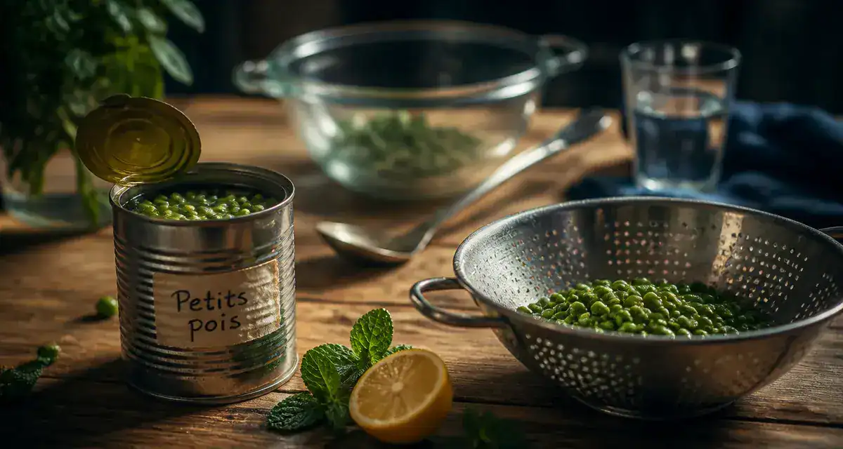 Bienfait petit pois en conserve : boîte ouverte, petits pois rincés