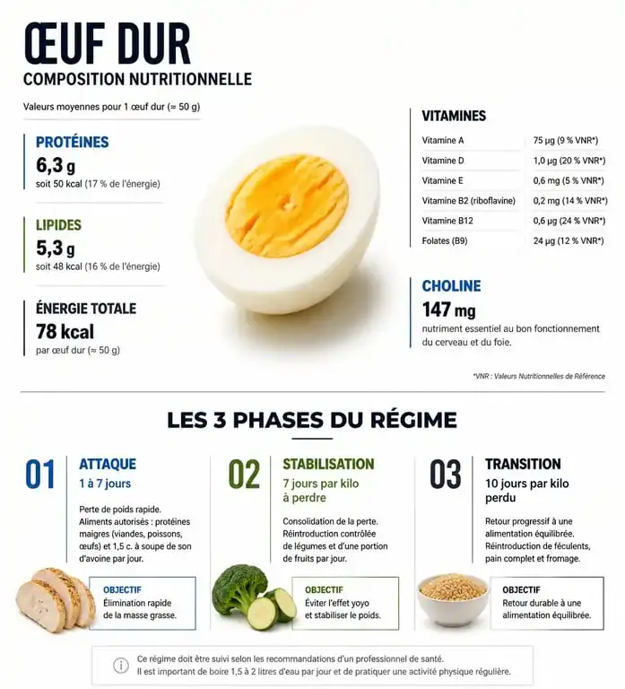 Infographie sur les bienfaits nutritionnels de l'œuf et les phases du régime œuf dur pour la perte de poids