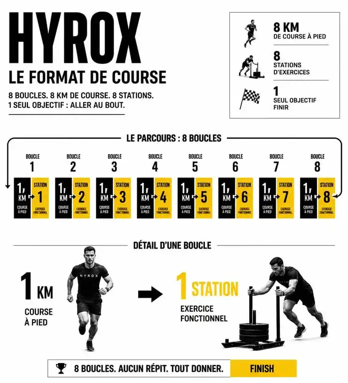 Infographie du format de compétition Hyrox : 8 kilomètres de course et 8 stations d'exercices fonctionnels