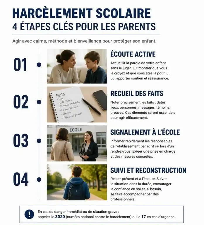Infographie des étapes à suivre par les parents en cas de harcèlement scolaire de leur enfant