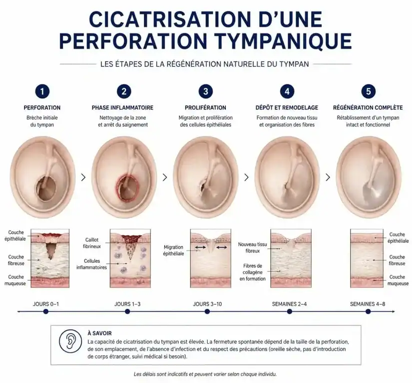 Schéma illustrant les étapes de la récupération audition après tympan percé et cicatrisation naturelle