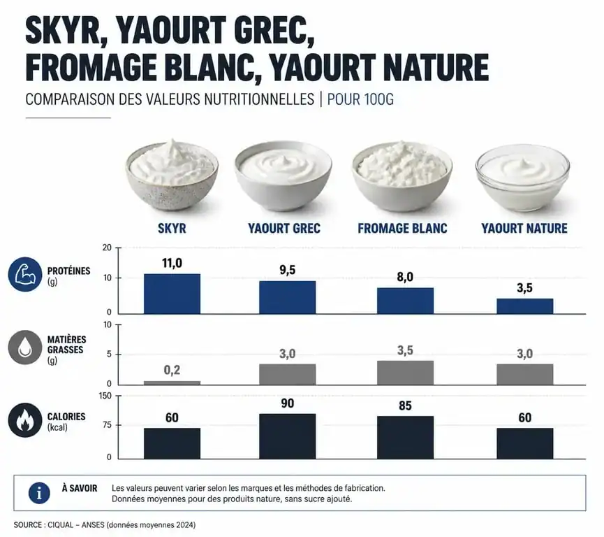 Infographie comparative des valeurs nutritionnelles du skyr par rapport aux autres produits laitiers