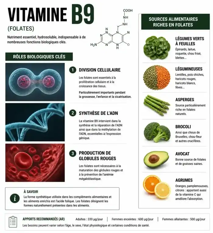 Infographie sur les bienfaits et sources de la vitamine B9 pour la santé