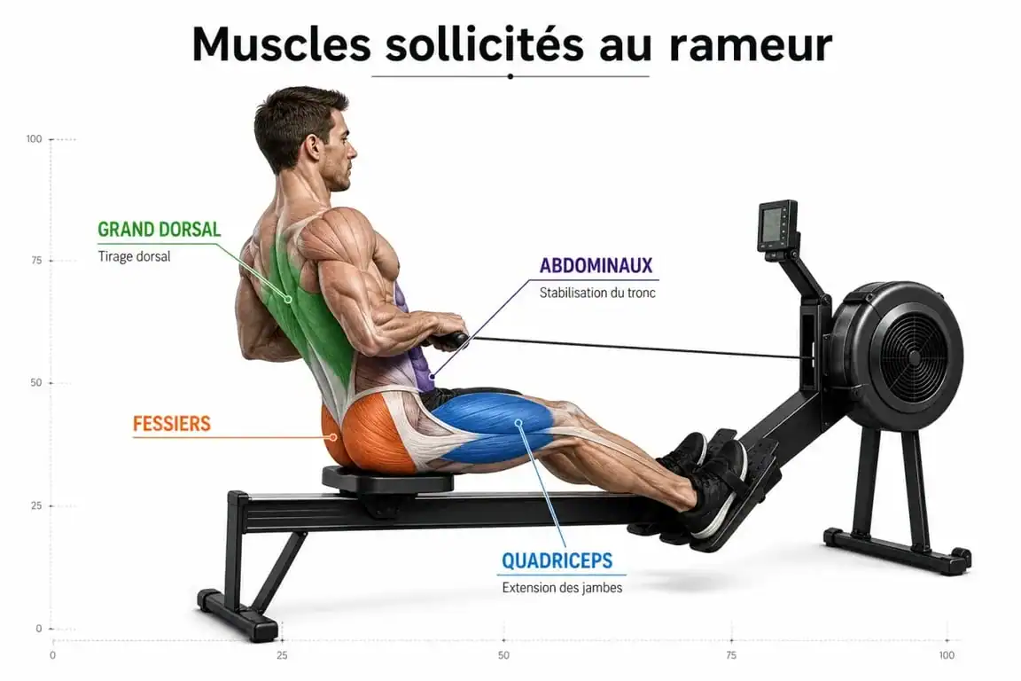 Schéma anatomique des muscles sollicités par le rameur