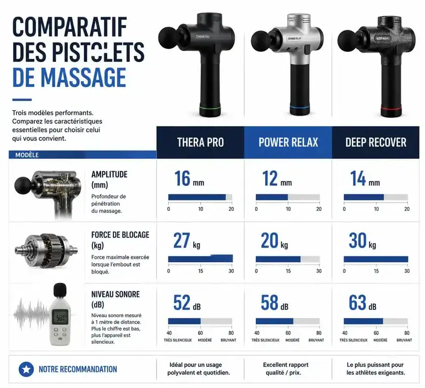 Tableau comparatif des caractéristiques techniques pour choisir le meilleur pistolet de massage