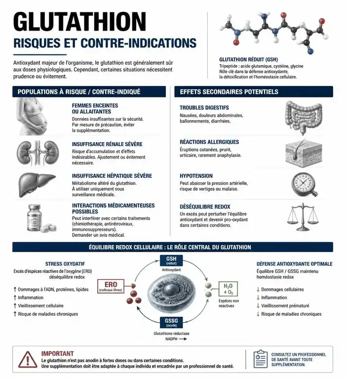 Infographie sur les risques et contre-indications du glutathion pour la santé