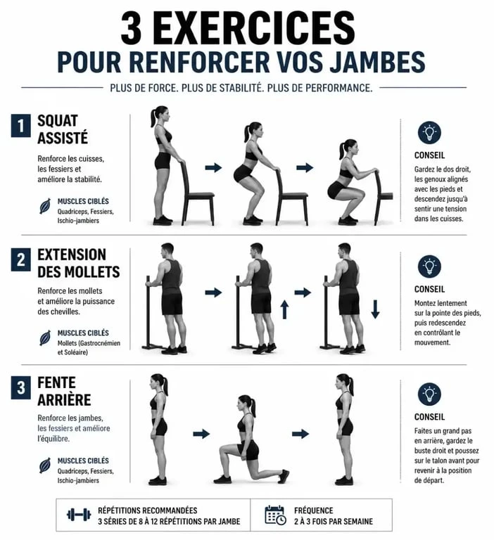 Infographie des exercices pour retrouver plus de force dans les jambes pour me relever