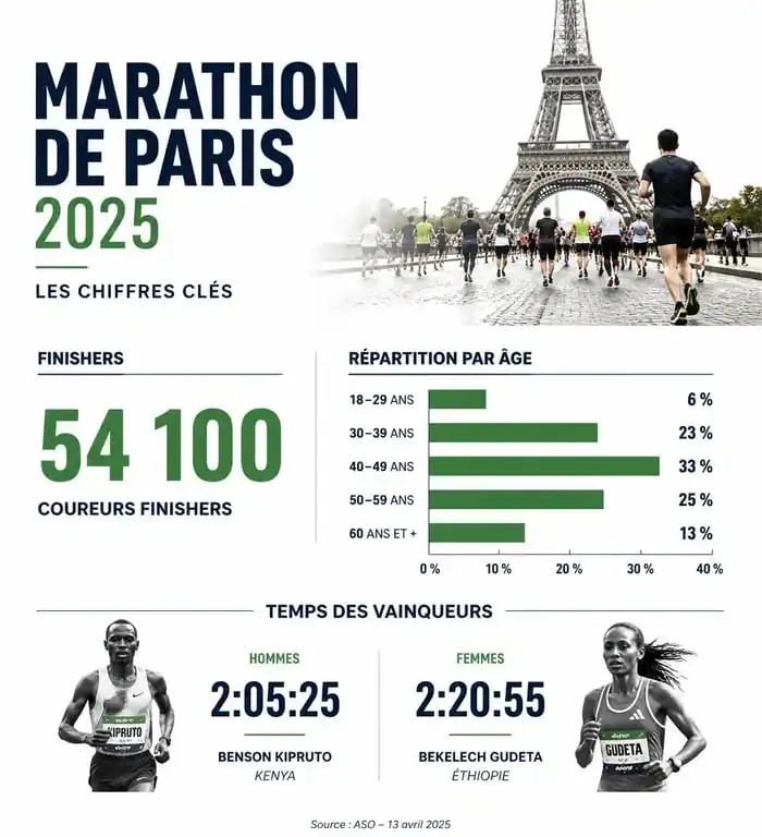 Infographie des statistiques et résultats du classement Marathon de Paris 2025