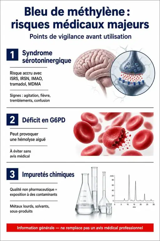 Infographie des risques sanitaires liés au bleu de méthylène interdit en pharmacie