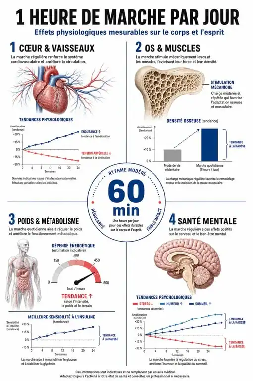 Infographie des bienfaits de marcher 1h par jour pour la santé et la perte de poids