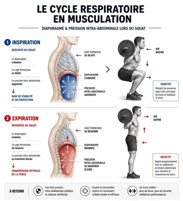 Schéma explicatif de la respiration en musculation et de la pression intra-abdominale