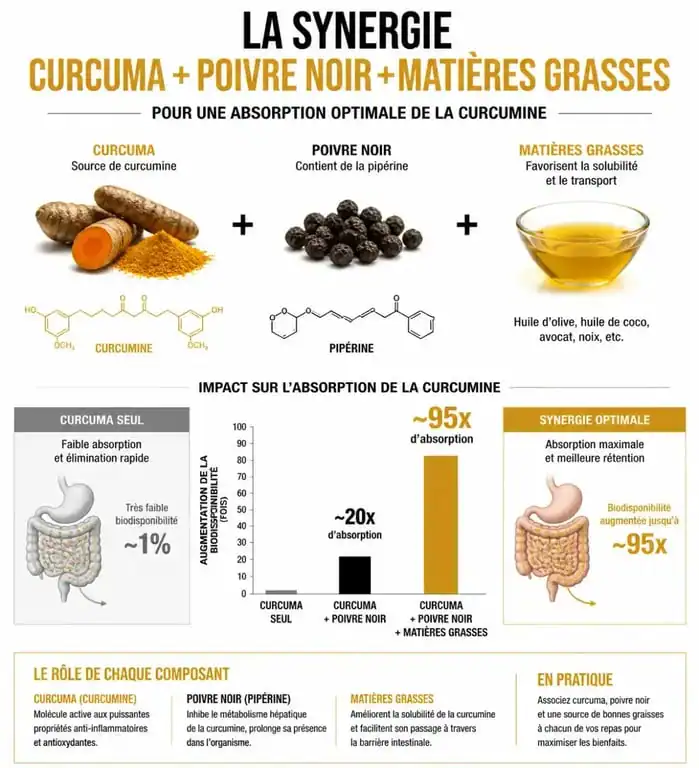 Infographie sur l'absorption optimale du curcuma avec poivre et matières grasses pour maximiser les bienfaits