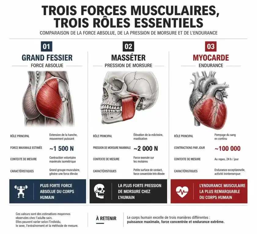 Infographie comparant la force, la pression et l'endurance des muscles du corps humain