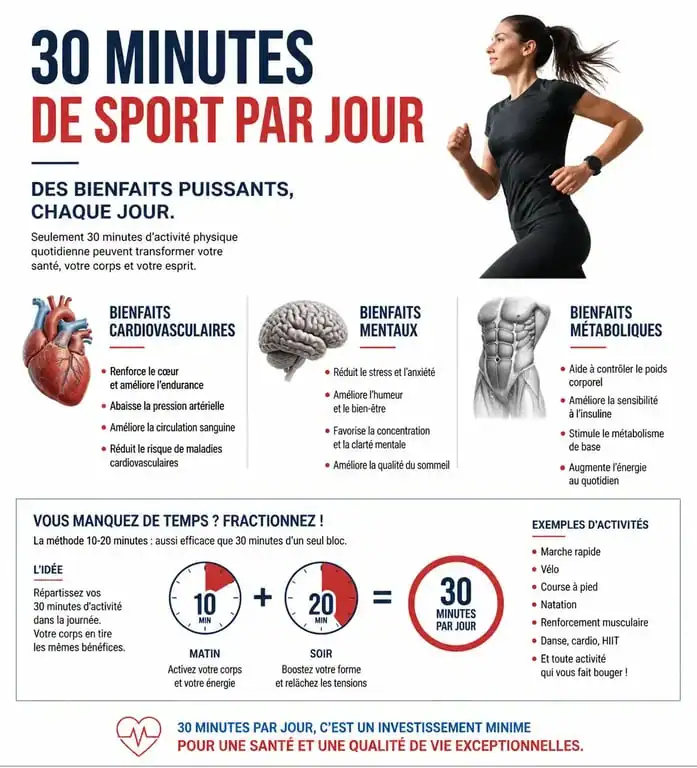 Infographie des bienfaits de 30 minutes de sport par jour pour la santé